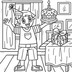 Birthday Boy Holding a Cake Coloring Page for Kids