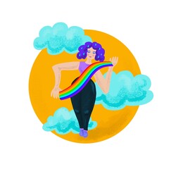 woman meteorologist. rainbow, sun, clouds, raindrops