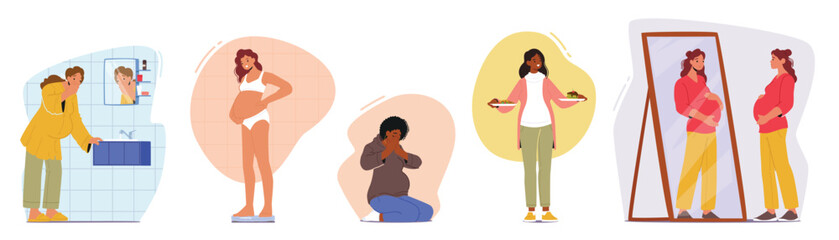 Pregnant Women in Different Situations Concept. Female Characters on Various Stages of Pregnancy Vector Illustration