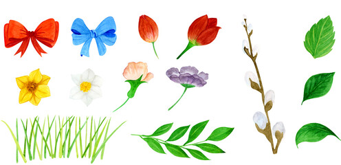 Large watercolor set of spring flowers and leaves on a white background, tulips, anemones, daffodils, green grass, willow branch, bow. Red, blue, yellow, white, brown, green, purple colors.