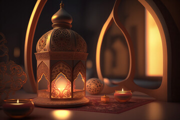 Ramadan Kareem greeting composition with Islamic lantern in night scene. Created with Generative AI technology.