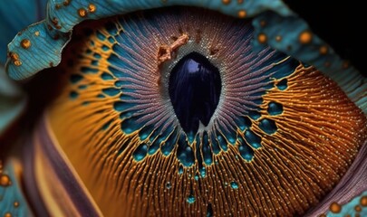  a close up of a peacock's eye with water drops.  generative ai