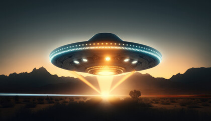 Ufo and aliens invasion concept with alien spaceship landing, created with Generative AI technology.