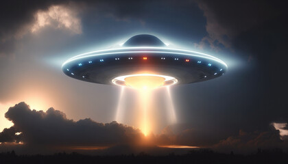 Ufo and aliens invasion concept with alien spaceship, created with Generative AI technology.
