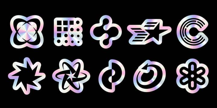 Retro y2k holographic stickers with metallic rainbow gradient. Different shapes vector labels with trendy foil effect