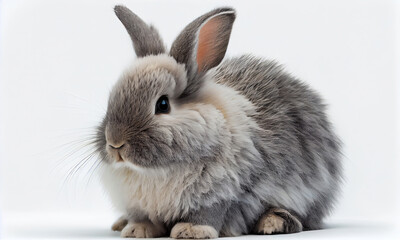 Grey fluffy rabbit on a white background, happy Easter, generative AI