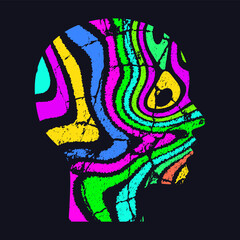 Woman profile. Silhouette of head with neon abstract psychedelic pattern.