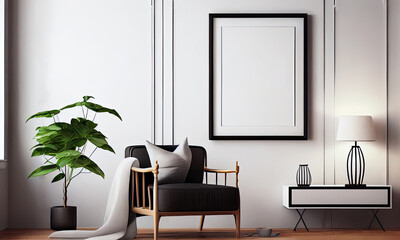 Stylish living room in a light Scandinavian style with an empty vertical picture frame, generative AI