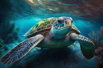 Obraz premium Underwater Beauty: Graceful Sea Turtle Generative AI