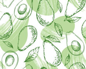 Seamless pattern with avocado. Healthy vegan food. Vector monochrome hand drawn illustration.