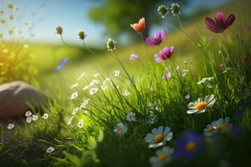 Amazing spring meadow, with flowers basking in the sunshine. Generative AI