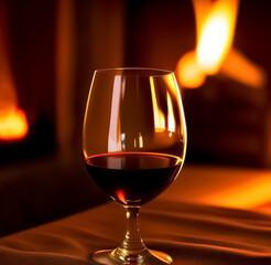 A glass of wine on the background of a burning fireplace. Romantic setting. Generative AI
