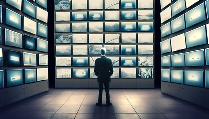 Unrecognizable man wearing suit standing looking news inside of room full of televisions broadcasting channels. Information overload and fake news concept. Generative AI. - obrazy, fototapety, plakaty
