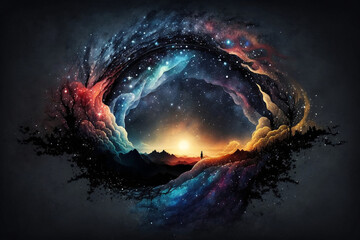 Galaxy with landscape inside a black hole - abstract