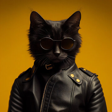 A black cat wearing a stylish leather jacket and cool sunglasses. The feline exudes an edgy and rebellious vibe, with an attitude that is both fashionable and unique. Trendy kitty, Generative AI