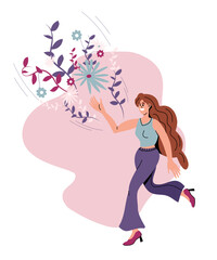 Happy girl with a bouquet of flowers. Cute young woman with smile running towards the approaching spring. Concept for 8 March Women's Day, Mother's Day, Valentine's Day, birthday. Vector illustration.