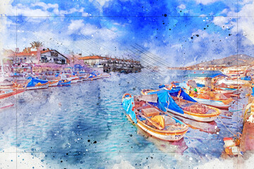 Fototapeta na wymiar Turkey - Izmir - 25 January 2023 Photos from Old Foça. Watercolor artistic work.