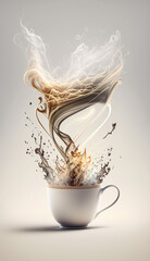 Abstract cup full of expresso coffe, with somke, vertical, in a white background, generative ai