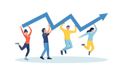 Teamwork to help improve working and achieve success. Cooperate to increase work efficiency. Business people run with arrow to reach goal. Team strategy help growing achievement. Strategic planning