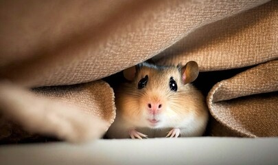  a small rodent peeking out from under a bed sheet.  generative ai