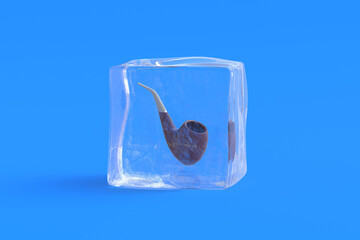Tobacco pipe in ice cube. 3d illustration
