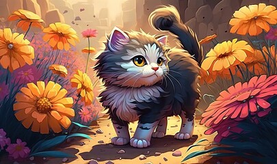  a painting of a cat standing in a field of flowers.  generative ai