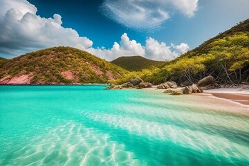Fototapeta premium A beautiful beach with clear blue water surrounded by mountains, Generative Ai