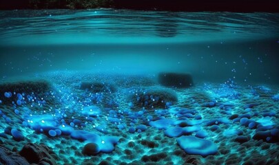  a underwater view of rocks and water with blue lights on them.  generative ai