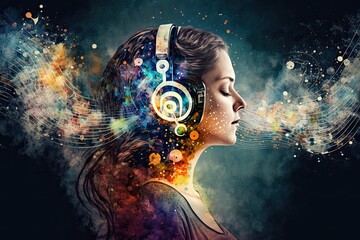 Fototapeta Healing Sounds and Sound Therapy. sound vibrations open, clear, and balance chakras and energy. Woman in headset in sound healing therapy and meditation. AI generative obraz