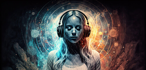 Obraz na płótnie Canvas Healing Sounds and Sound Therapy. sound vibrations open, clear, and balance chakras and energy. Woman in headset in sound healing therapy and meditation. AI generative