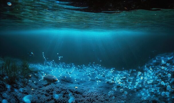 an underwater view of a sea floor with bubbles of water.  generative ai