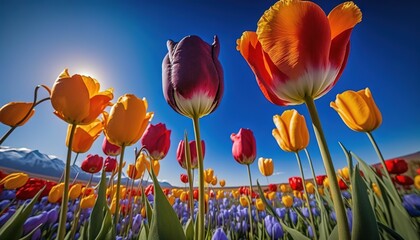  a field full of colorful tulips under a blue sky.  generative ai