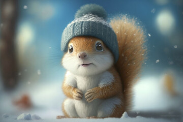 Obraz na płótnie Canvas Cute Baby Squirrel Wearing A Hat, Generative Ai