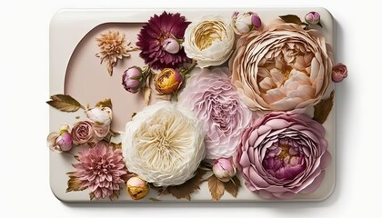  a white tray with a bunch of flowers on top of it.  generative ai