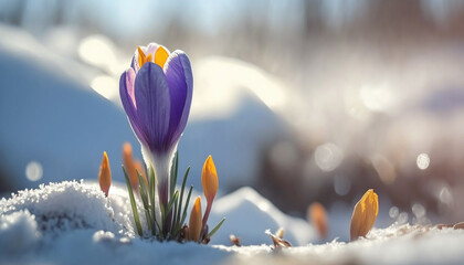 Plakat Purple Crocus spring flower growing in snow. Beautiful floral card with brilliant sparkling background. Generative AI