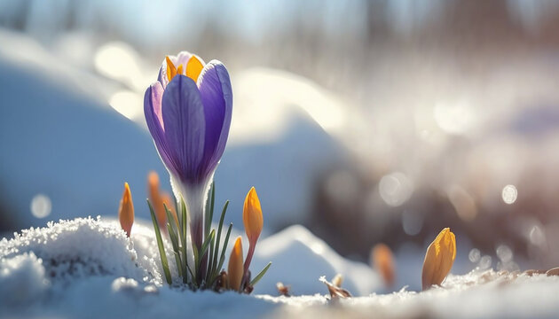 Purple Crocus spring flower growing in snow. Beautiful floral card with brilliant sparkling background. Generative AI