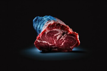 Fillet of uncooked lamb's loin, mutton, on a butcher's block. Black or dark colored backdrop. Perspective from on high. Generative AI