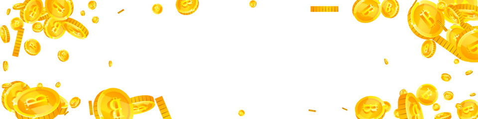 Bitcoin coins falling. Cryptocurrency scattered