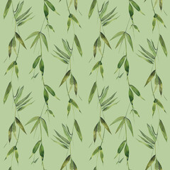 Twigs with bamboo leaves on a green background. Watercolor illustration. Seamless pattern from the BAMBOO collection. For decoration and design of fabric, textiles, wallpaper, paper, packaging.