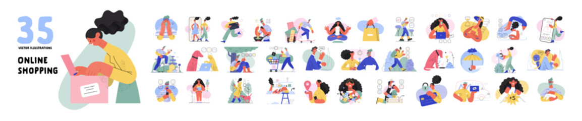 Online shopping and electronic commerce illustrations set - modern flat vector concept illustration of people and objects on online shopping. Promotion, discounts, sale and online orders concept