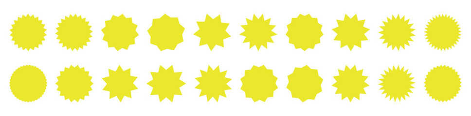 Yellow shopping labels collection. Special offer price tag. Sale or discount sticker. Supermarket promotional badge. Sunburst icons. Stock vector.