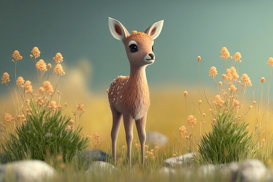 Cute Cartoon Baby Deer in a Spring Meadow (Created with Generative AI)