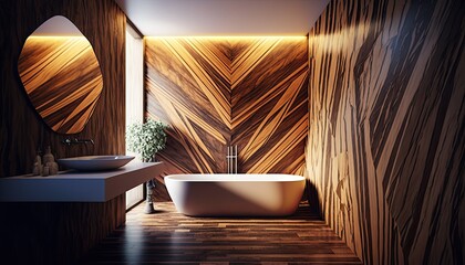 Modern interior, bathroom with bath, wooden wall, marble