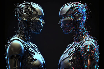 two cyborgs staring at each other, black background 