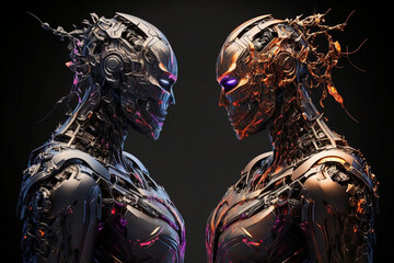 two cyborgs staring, mirroring each other