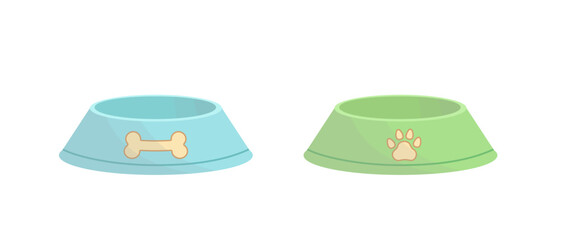Empty pet bowls for dog. Pair of blue and green bowls. Cartoon, flat, vector