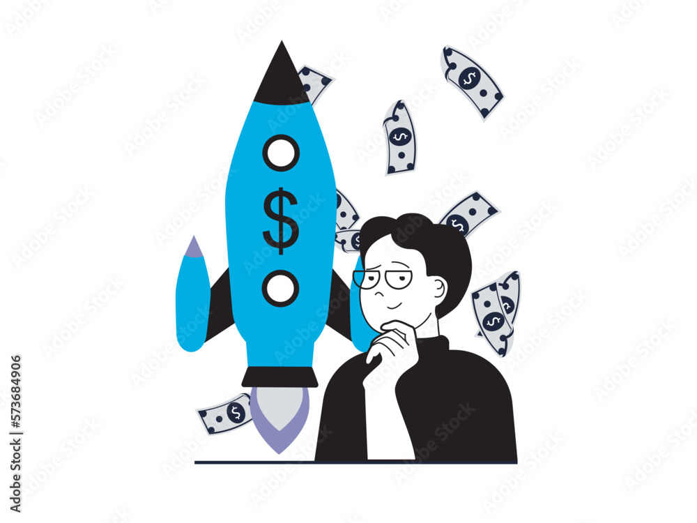 Poster startup concept with character situation. businessman thinks and creates strategy for new business, 
