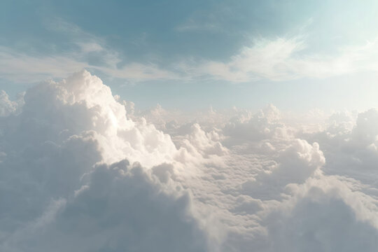 White clouds and blue sky from airplane window view. Cloudscape background.
