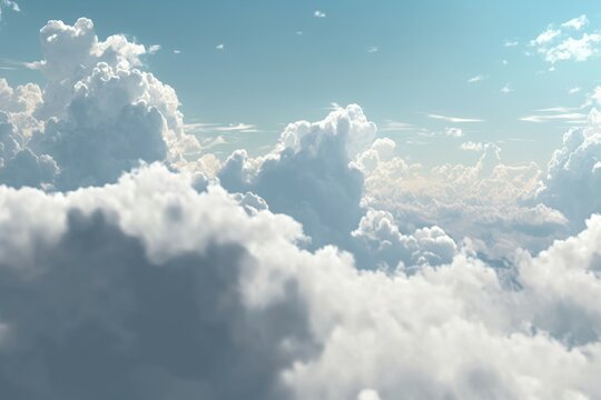 White clouds and blue sky from airplane window view. Cloudscape background. Generative ai