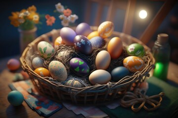 Fototapeta na wymiar Colorful Happy Easter eggs in basket on table.